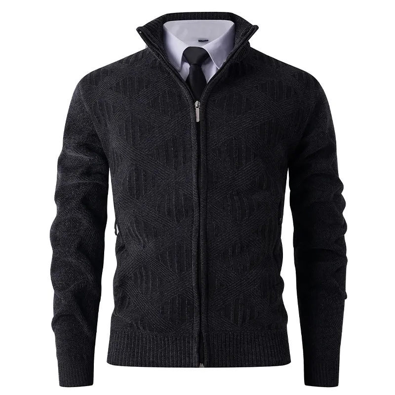Herren Geometrischer Jacquard-Zipcardigan mit Stehkragen und Reißverschlusstaschen Drune
