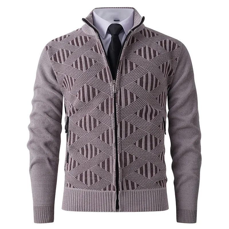 Herren Geometrischer Jacquard-Zipcardigan mit Stehkragen und Reißverschlusstaschen Drune