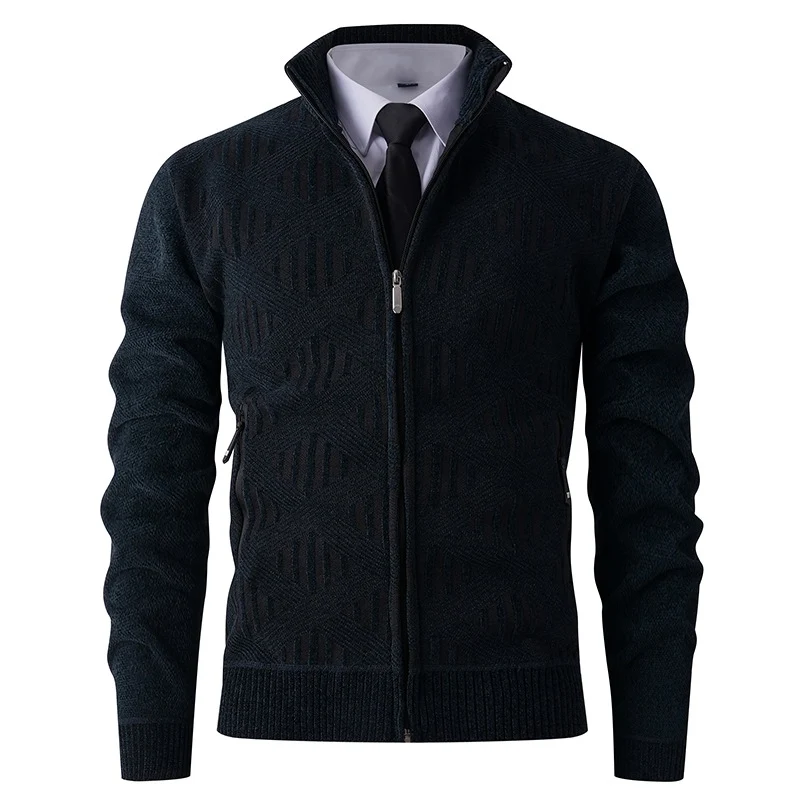 Herren Geometrischer Jacquard-Zipcardigan mit Stehkragen und Reißverschlusstaschen Drune