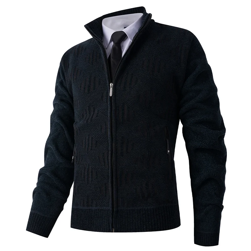 Herren Geometrischer Jacquard-Zipcardigan mit Stehkragen und Reißverschlusstaschen Drune