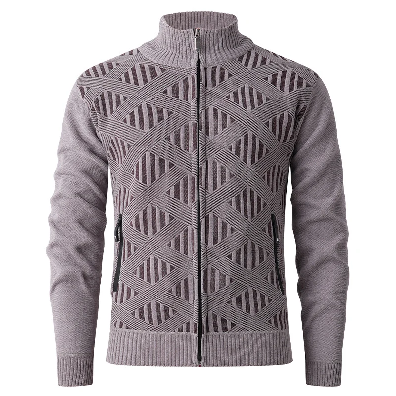 Herren Geometrischer Jacquard-Zipcardigan mit Stehkragen und Reißverschlusstaschen Drune