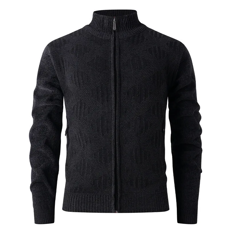 Herren Geometrischer Jacquard-Zipcardigan mit Stehkragen und Reißverschlusstaschen Drune