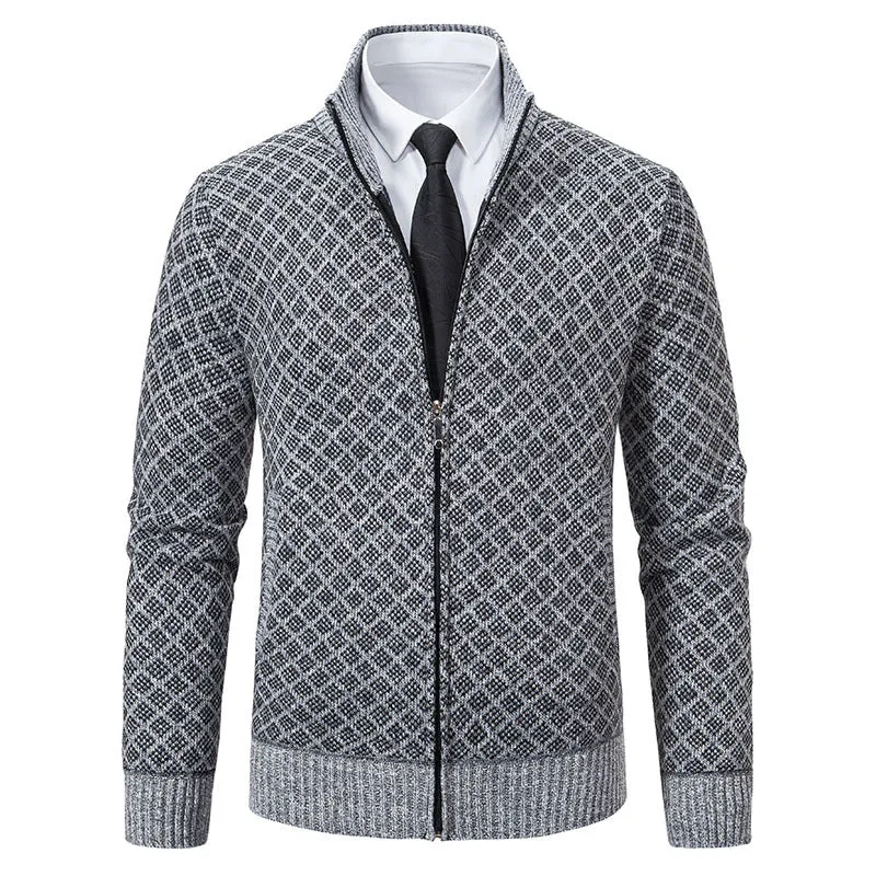 Herren Gemusterte Strickzipjacke mit Stehkragen, Jacquardmuster und Rippbündchen Drune