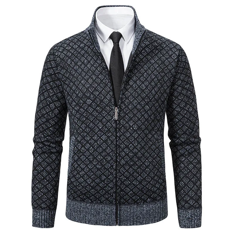 Herren Gemusterte Strickzipjacke mit Stehkragen, Jacquardmuster und Rippbündchen Drune