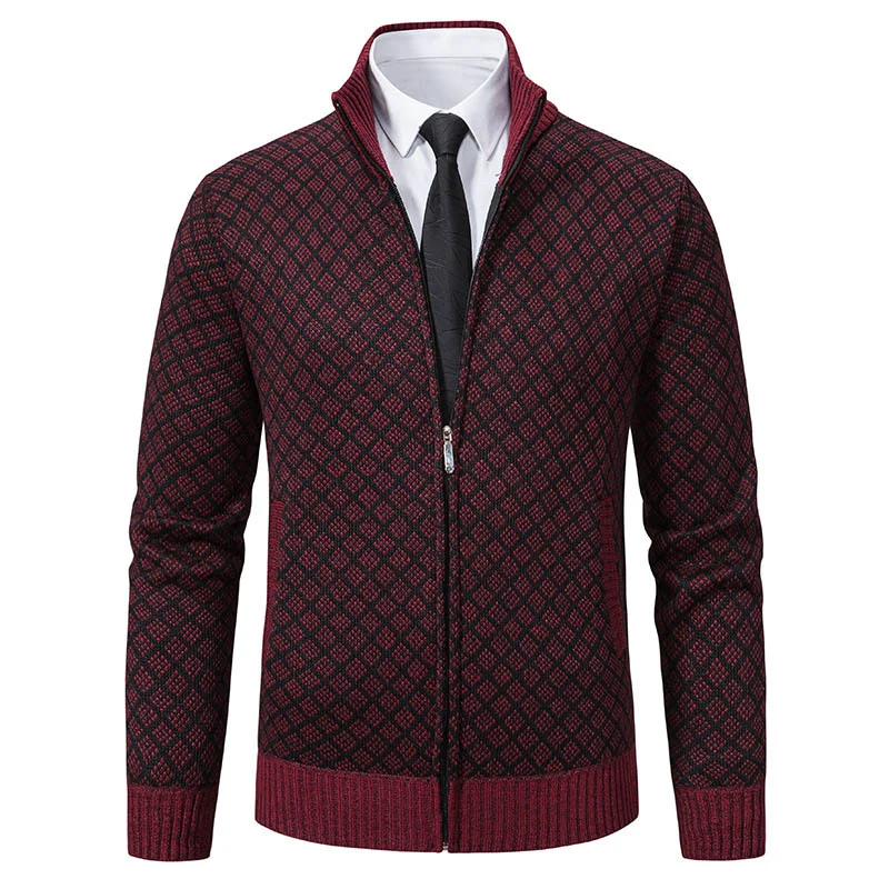 Herren Gemusterte Strickzipjacke mit Stehkragen, Jacquardmuster und Rippbündchen Drune