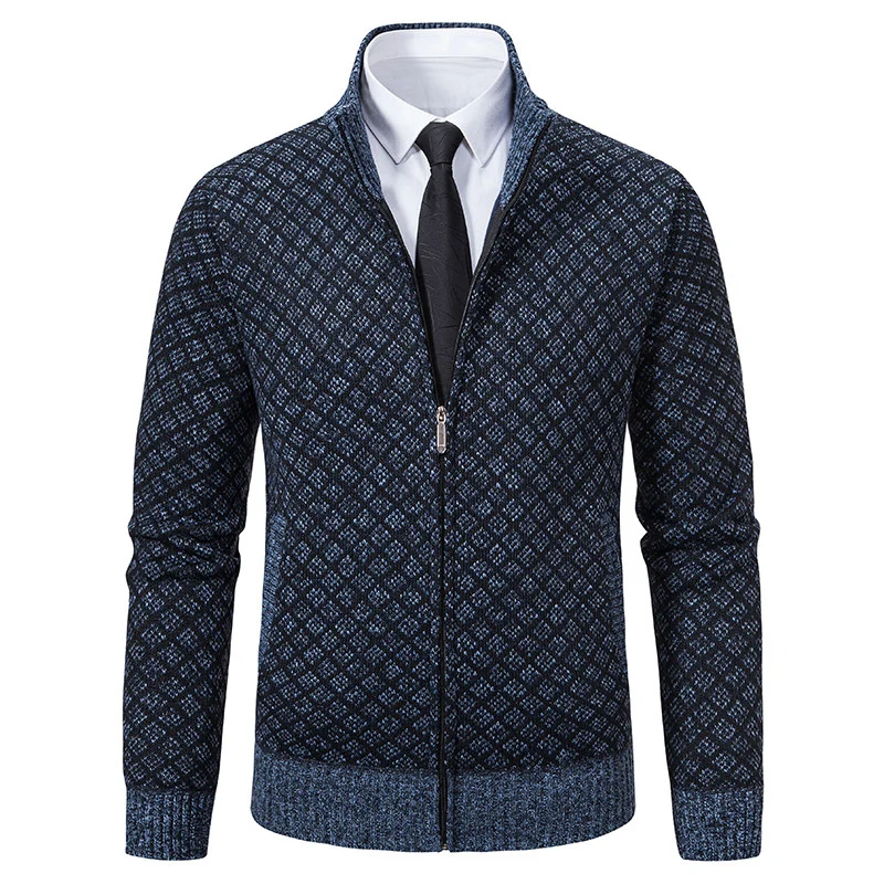 Herren Gemusterte Strickzipjacke mit Stehkragen, Jacquardmuster und Rippbündchen Drune