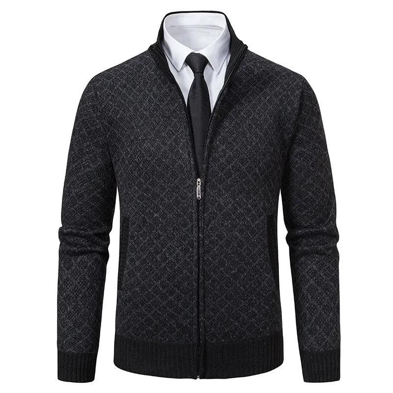 Herren Gemusterte Strickzipjacke mit Stehkragen, Jacquardmuster und Rippbündchen Drune