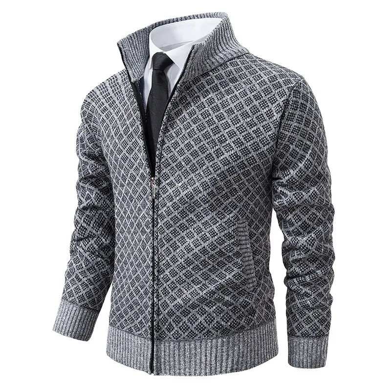 Herren Gemusterte Strickzipjacke mit Stehkragen, Jacquardmuster und Rippbündchen Drune