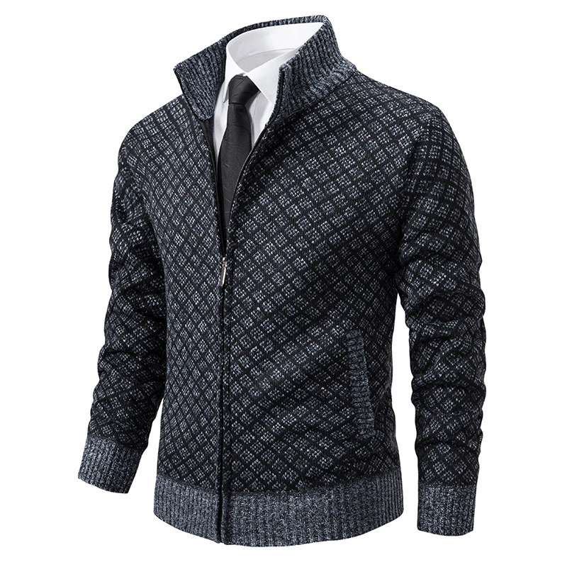 Herren Gemusterte Strickzipjacke mit Stehkragen, Jacquardmuster und Rippbündchen Drune