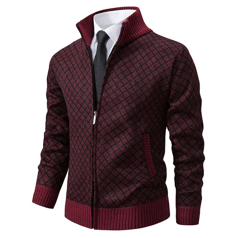 Herren Gemusterte Strickzipjacke mit Stehkragen, Jacquardmuster und Rippbündchen Drune