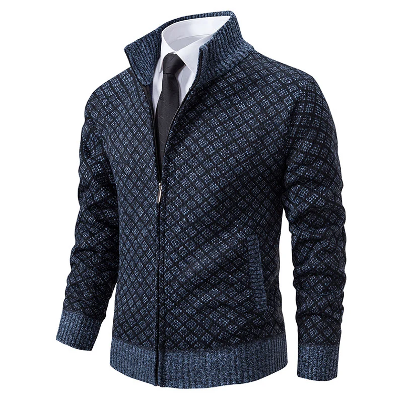 Herren Gemusterte Strickzipjacke mit Stehkragen, Jacquardmuster und Rippbündchen Drune
