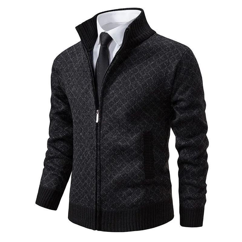 Herren Gemusterte Strickzipjacke mit Stehkragen, Jacquardmuster und Rippbündchen Drune