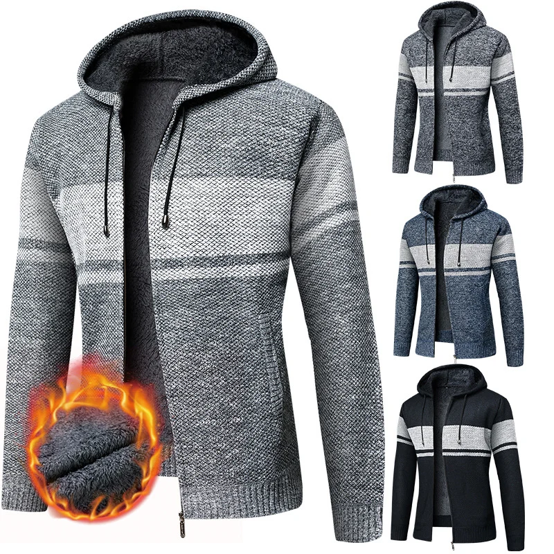 Herren Gefütterte Strick-Kapuzenjacke mit Teddyfleece-Innenseite und Frontreißverschluss Drune