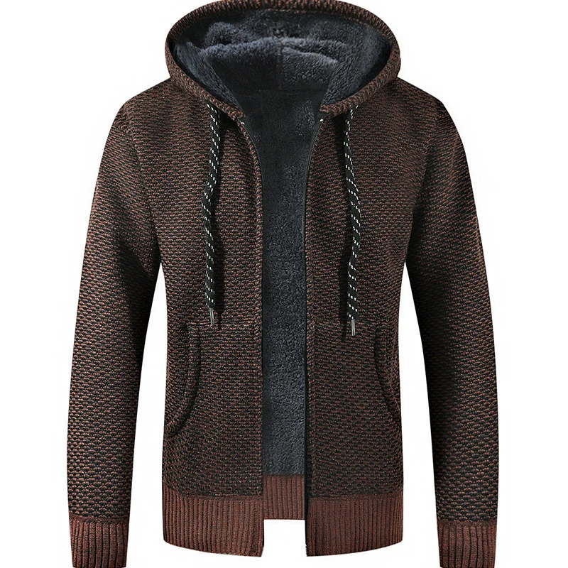 Herren Gefütterte Kapuzen‑Strickjacke mit Teddyfutter und durchgehendem Reißverschluss Drune