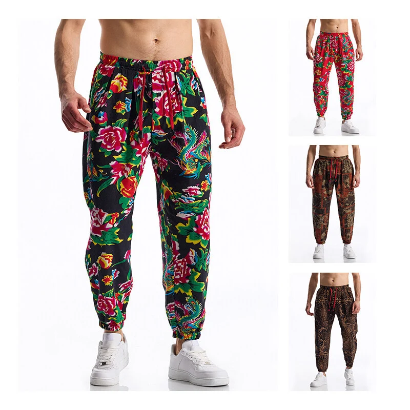 Herren Floral bedruckte Relaxed-Fit Jogginghose mit elastischem Bund und Kordelzug Drune