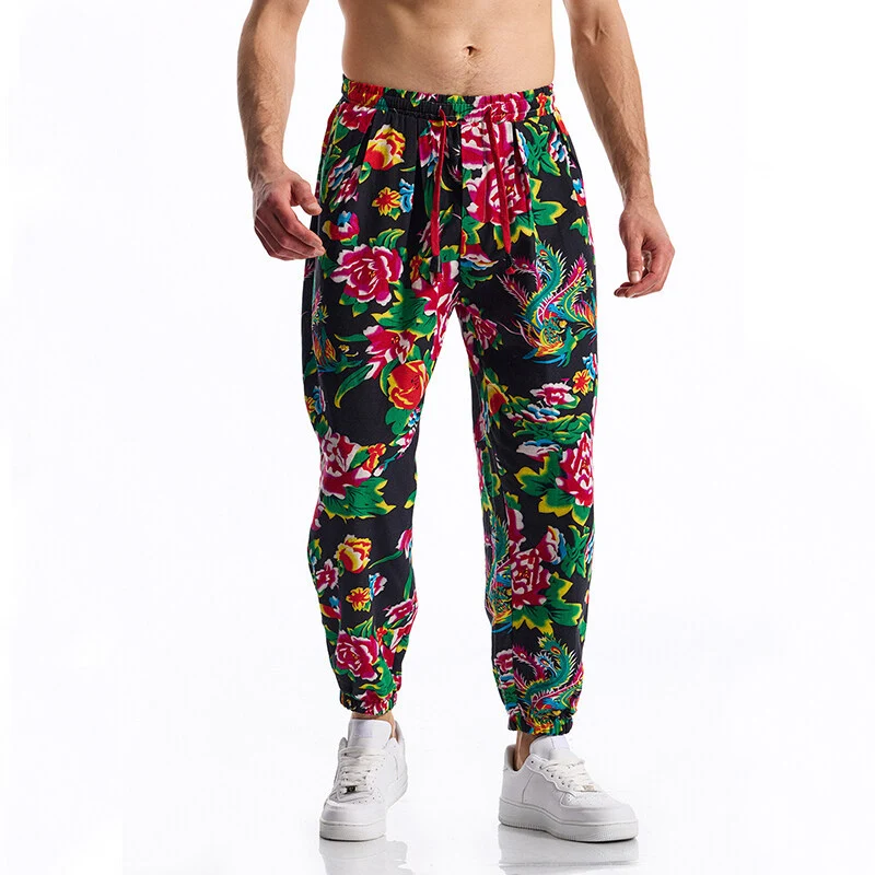 Herren Floral bedruckte Relaxed-Fit Jogginghose mit elastischem Bund und Kordelzug Drune
