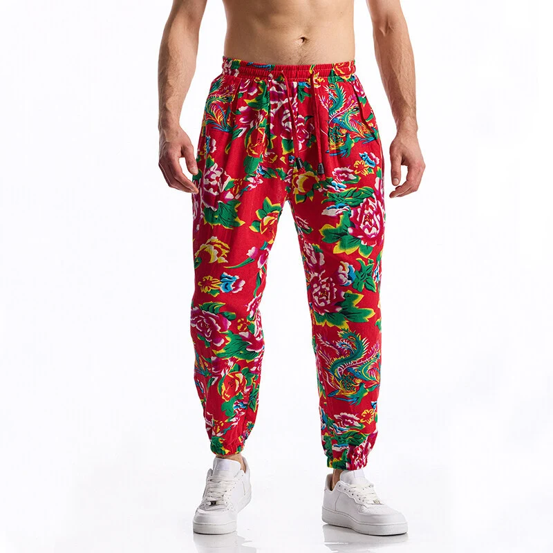 Herren Floral bedruckte Relaxed-Fit Jogginghose mit elastischem Bund und Kordelzug Drune