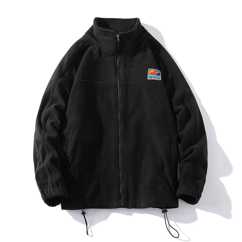 Herren Fleecejacke mit Stehkragen, durchgehendem Reißverschluss, elastischem Tunnelzug und Badge Patch Drune