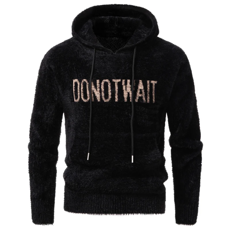 Herren Flauschiger Kapuzenpullover aus Teddy-Fleece mit Statement-Frontprint und Kängurutasche Drune