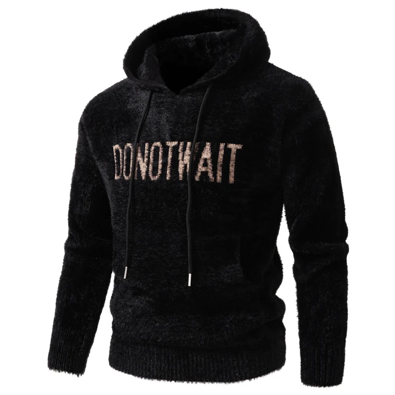Herren Flauschiger Kapuzenpullover aus Teddy-Fleece mit Statement-Frontprint und Kängurutasche Drune