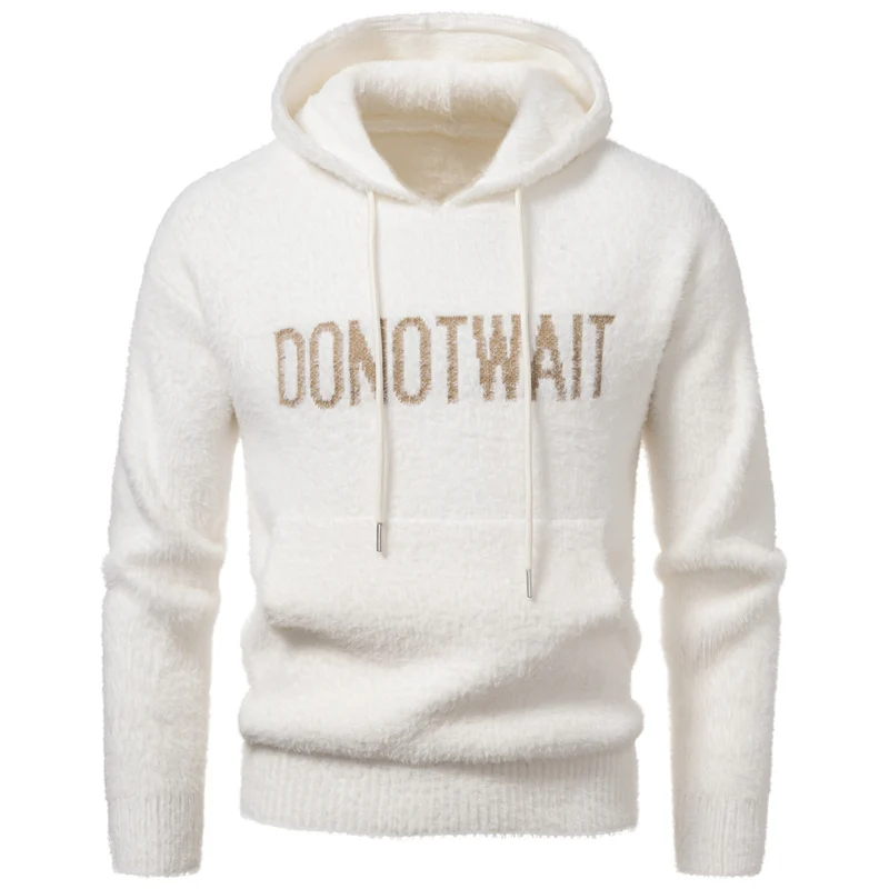 Herren Flauschiger Kapuzenpullover aus Teddy-Fleece mit Statement-Frontprint und Kängurutasche Drune