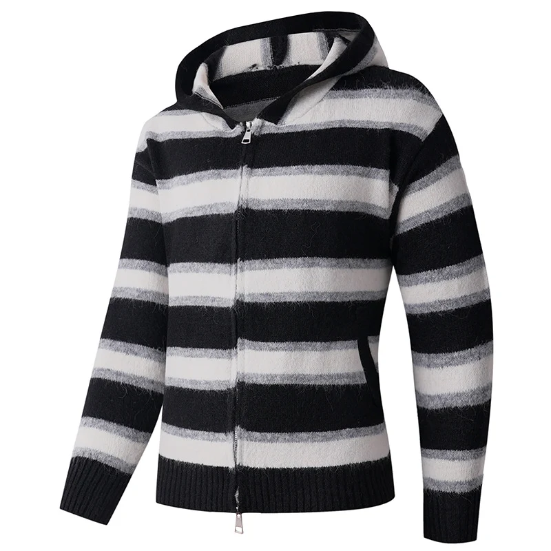 Herren Flauschige Kapuzen‑Strickjacke mit Doppelreißverschluss, Rippbündchen und horizontalem Streifenmuster Drune