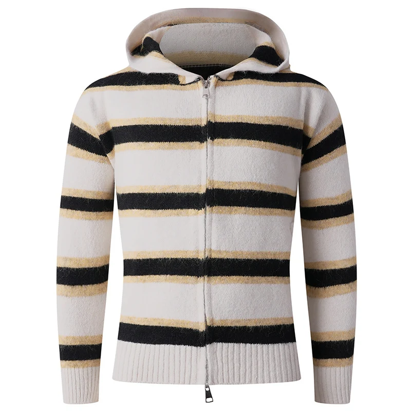 Herren Flauschige Kapuzen‑Strickjacke mit Doppelreißverschluss, Rippbündchen und horizontalem Streifenmuster Drune