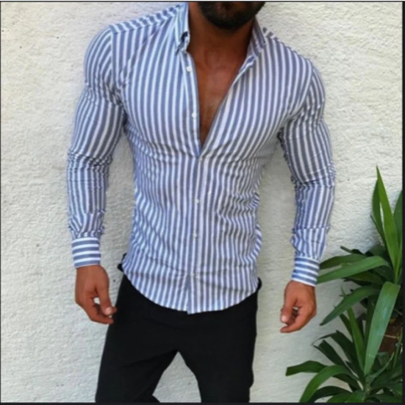 Herren Figurbetontes Button-Down-Hemd mit vertikalen Kontraststreifen und tailliertem Schnitt Drune