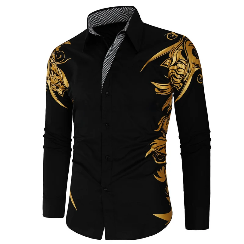 Herren Figurbetontes Button-Down-Hemd mit goldverzierter Ornamentik und kontrastiertem Innenkragen Drune