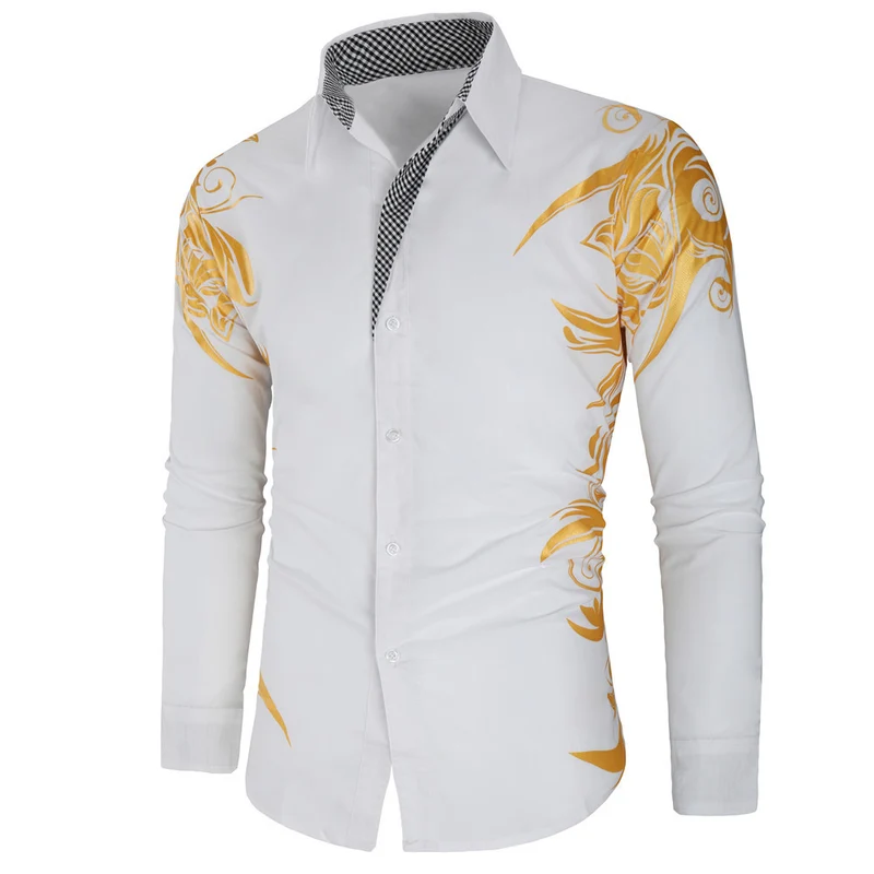 Herren Figurbetontes Button-Down-Hemd mit goldverzierter Ornamentik und kontrastiertem Innenkragen Drune