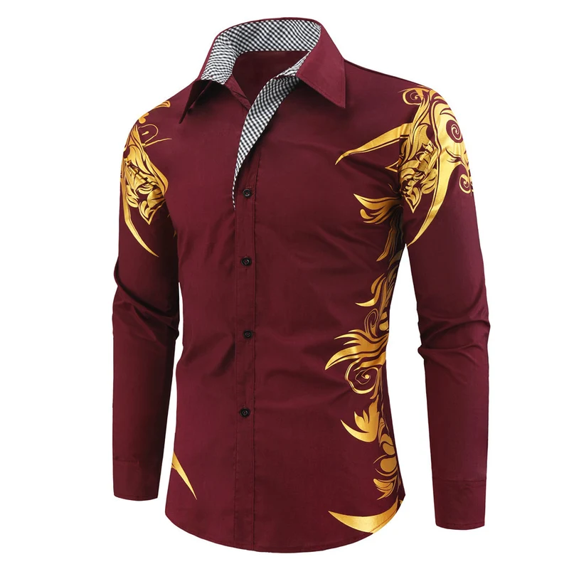 Herren Figurbetontes Button-Down-Hemd mit goldverzierter Ornamentik und kontrastiertem Innenkragen Drune