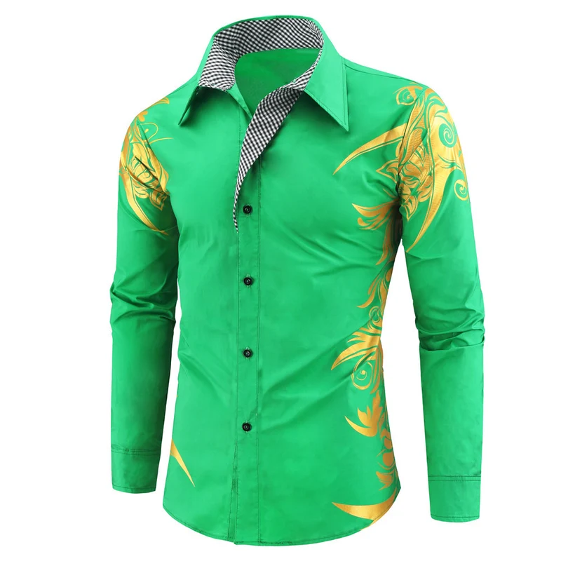 Herren Figurbetontes Button-Down-Hemd mit goldverzierter Ornamentik und kontrastiertem Innenkragen Drune