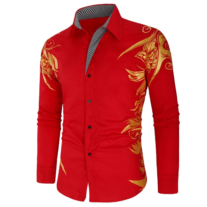 Herren Figurbetontes Button-Down-Hemd mit goldverzierter Ornamentik und kontrastiertem Innenkragen Drune