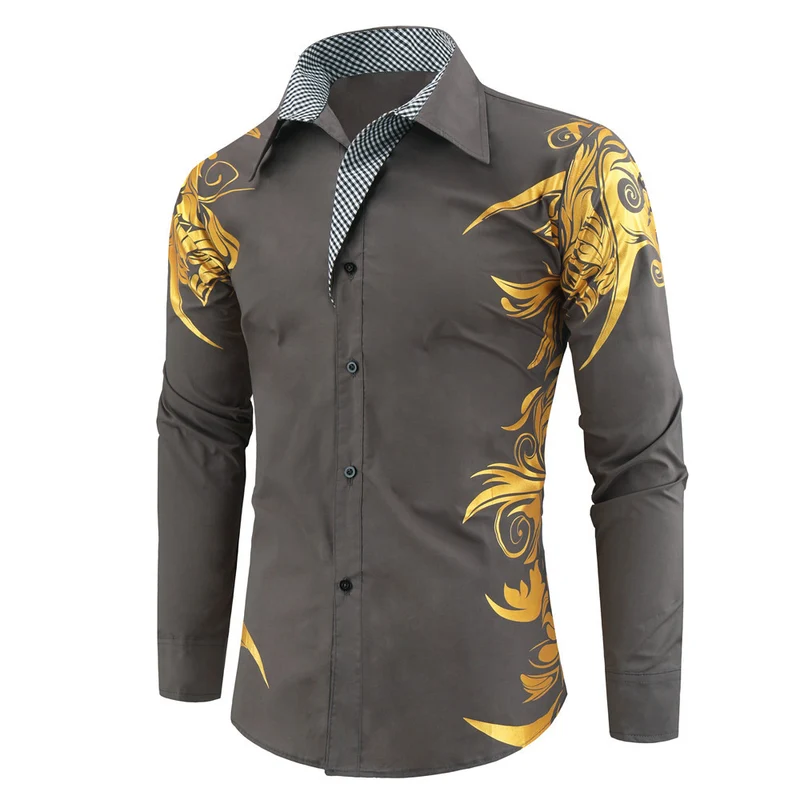 Herren Figurbetontes Button-Down-Hemd mit goldverzierter Ornamentik und kontrastiertem Innenkragen Drune