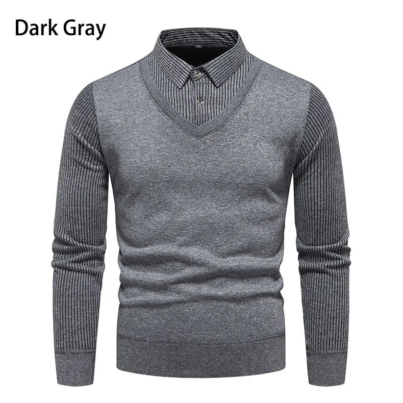 Herren Figurbetonter V‑Ausschnitt-Pullover mit integriertem Hemdkragen und gerippten Ärmeln Drune