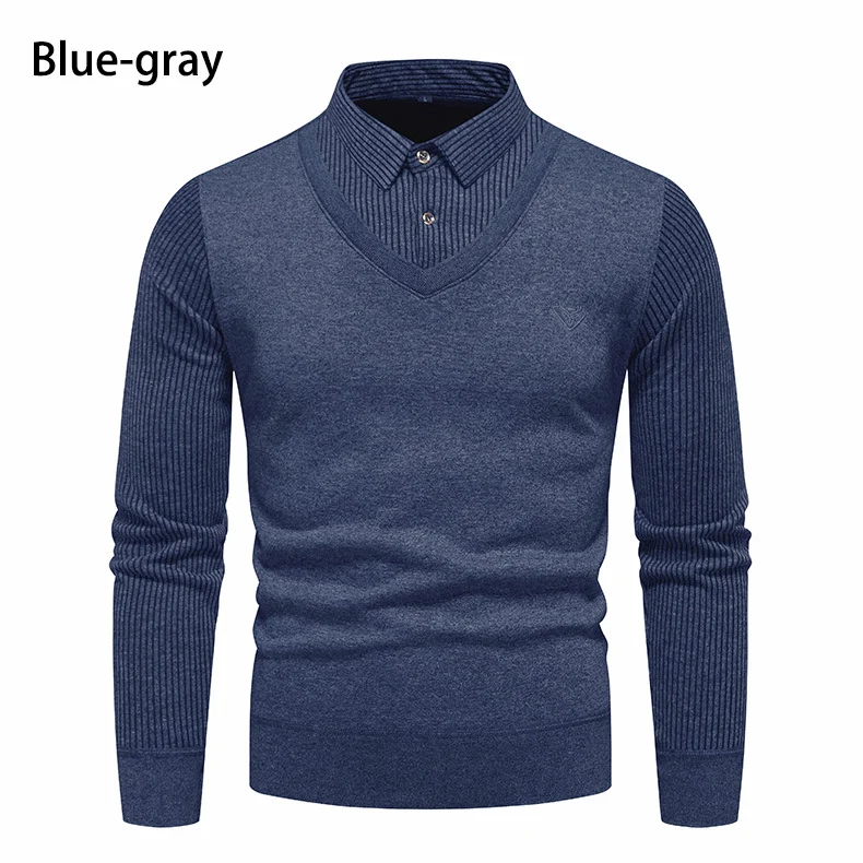 Herren Figurbetonter V‑Ausschnitt-Pullover mit integriertem Hemdkragen und gerippten Ärmeln Drune