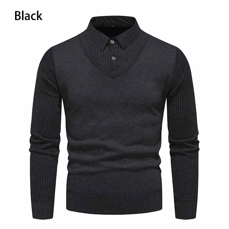 Herren Figurbetonter V‑Ausschnitt-Pullover mit integriertem Hemdkragen und gerippten Ärmeln Drune