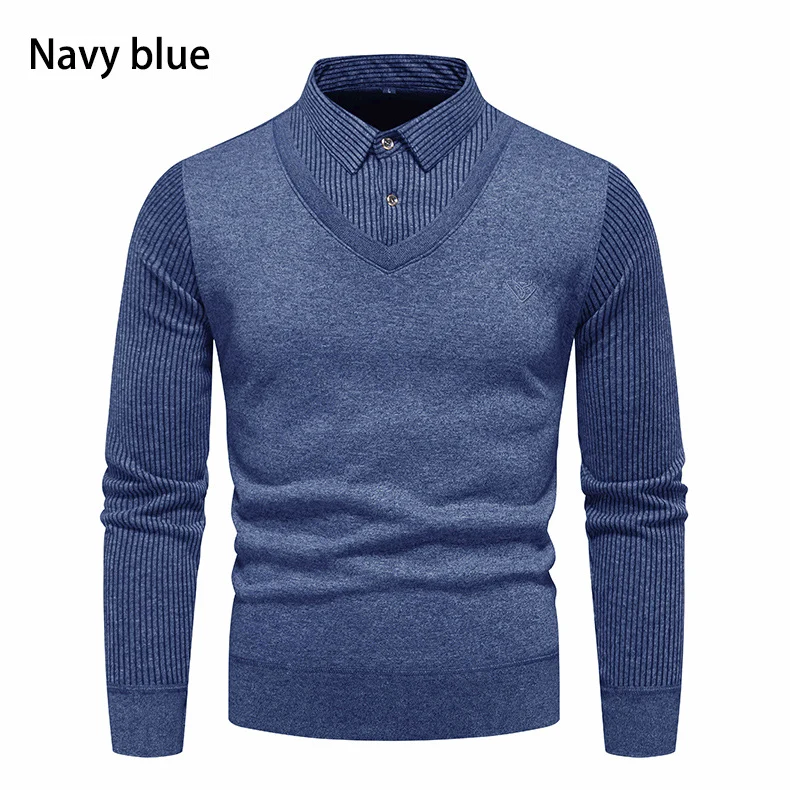 Herren Figurbetonter V‑Ausschnitt-Pullover mit integriertem Hemdkragen und gerippten Ärmeln Drune