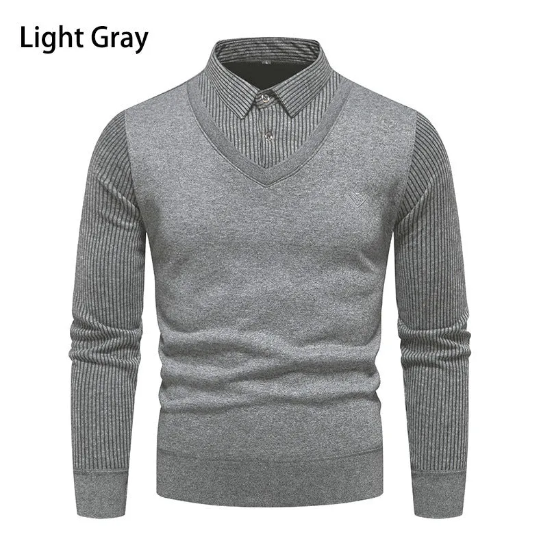 Herren Figurbetonter V‑Ausschnitt-Pullover mit integriertem Hemdkragen und gerippten Ärmeln Drune
