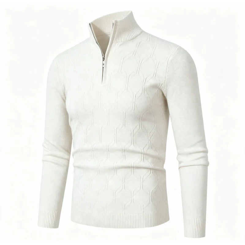 Herren Figurbetonter Stehkragenpullover mit halbem Reißverschluss und geometrischem Strukturstrick Drune