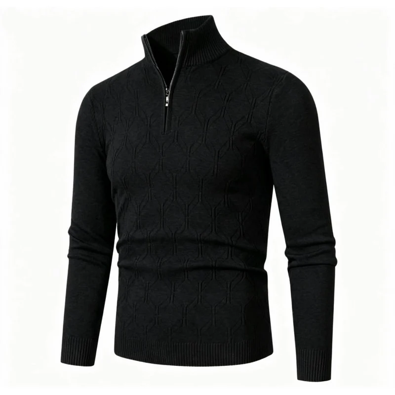 Herren Figurbetonter Stehkragenpullover mit halbem Reißverschluss und geometrischem Strukturstrick Drune