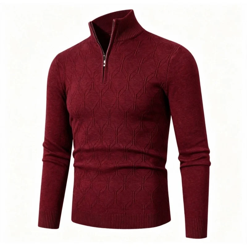 Herren Figurbetonter Stehkragenpullover mit halbem Reißverschluss und geometrischem Strukturstrick Drune