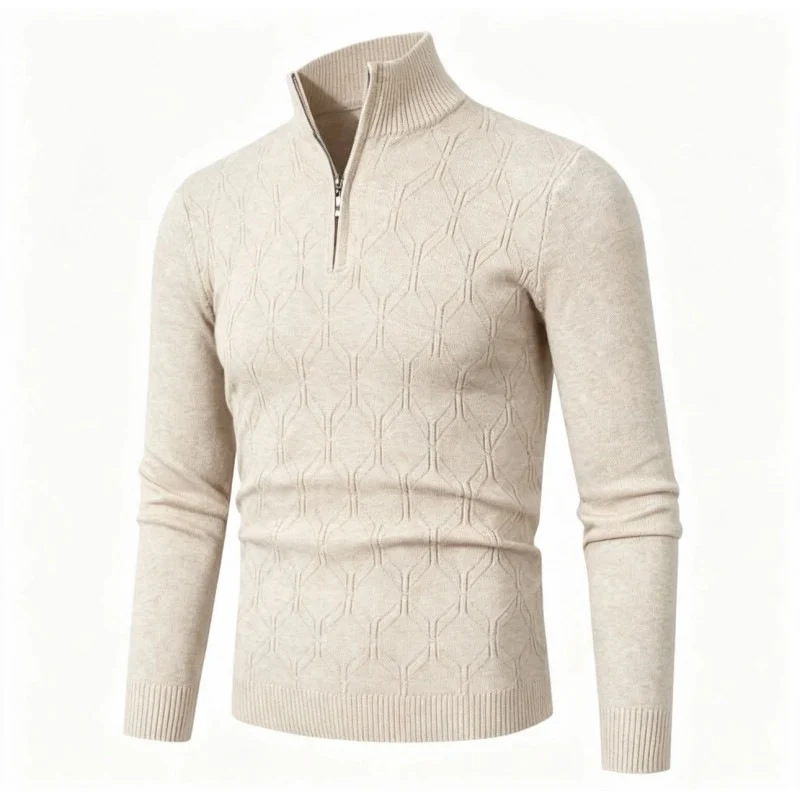 Herren Figurbetonter Stehkragenpullover mit halbem Reißverschluss und geometrischem Strukturstrick Drune