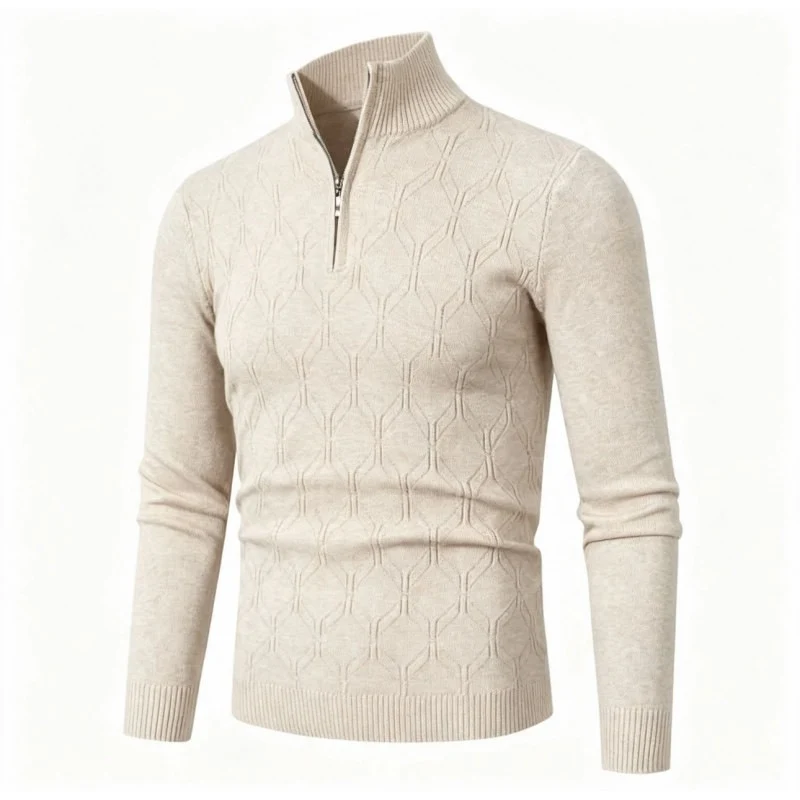 Herren Figurbetonter Stehkragenpullover mit halbem Reißverschluss und geometrischem Strukturstrick Drune