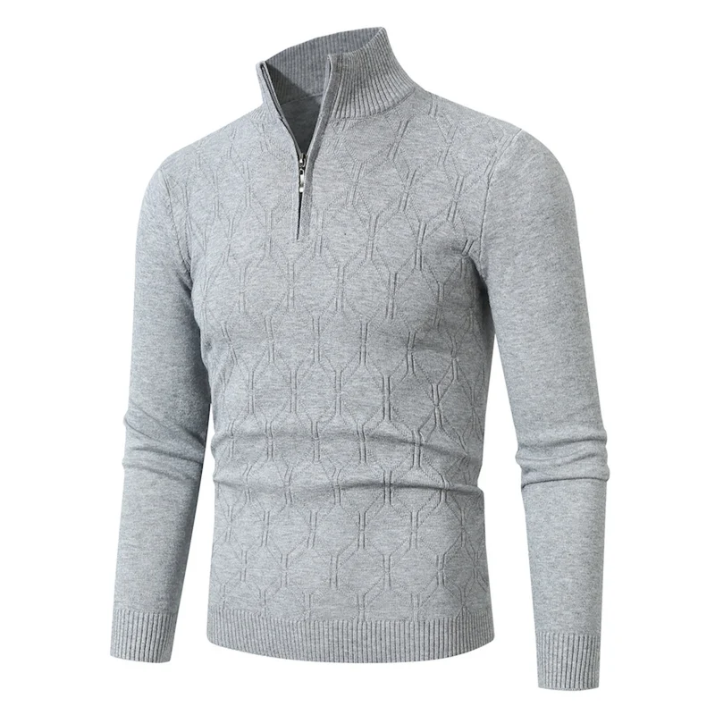 Herren Figurbetonter Stehkragenpullover mit halbem Reißverschluss und geometrischem Strukturstrick Drune