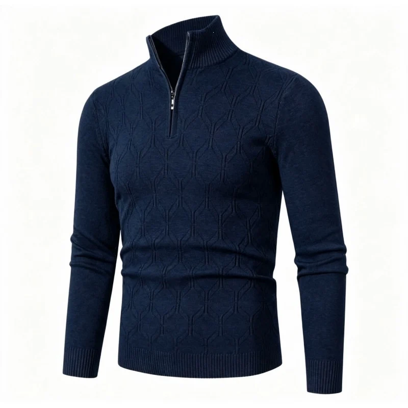 Herren Figurbetonter Stehkragenpullover mit halbem Reißverschluss und geometrischem Strukturstrick Drune