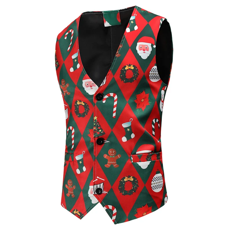 Herren Festliche Satinweste mit Weihnachtsmotiv, taillierter Schnitt und V‑Ausschnitt Drune