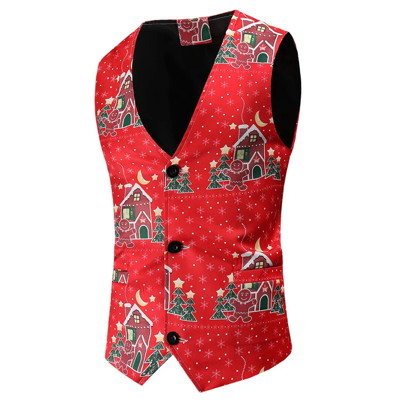 Herren Festliche Satinweste mit Weihnachtsmotiv, taillierter Schnitt und V‑Ausschnitt Drune