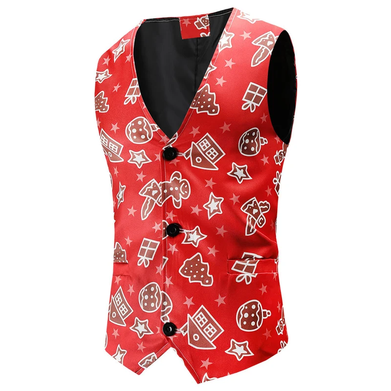 Herren Festliche Satinweste mit Weihnachtsmotiv, taillierter Schnitt und V‑Ausschnitt Drune