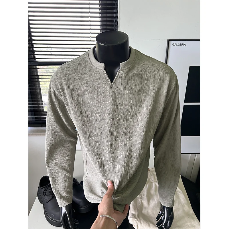 Herren Feinstrukturiertes Langarmshirt mit Stehkragen und V‑Einsatz Drune